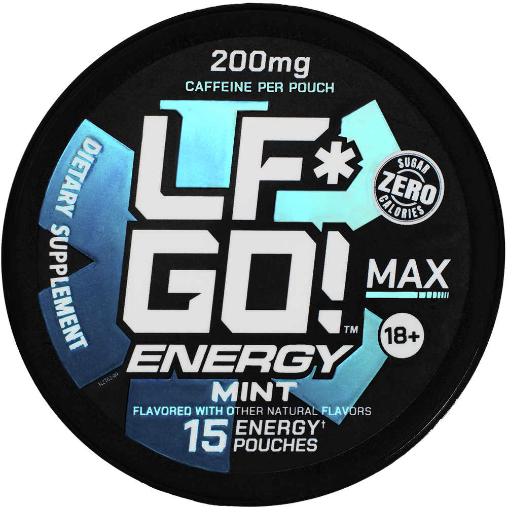 Image of a can containing 15 LFGO Mint pre-workout caffeine pouches.