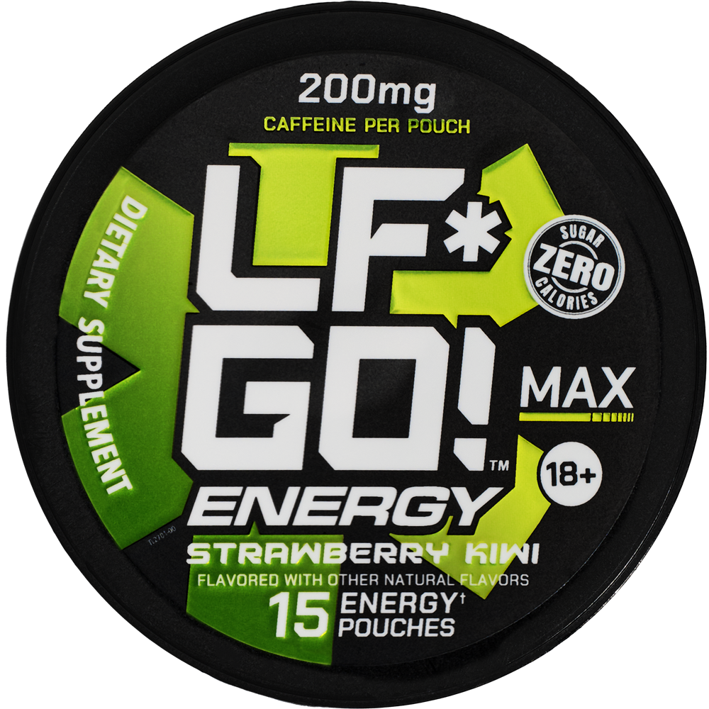 Image of a can containing 15 LFGO Strawberry Kiwi pre-workout caffeine pouches.