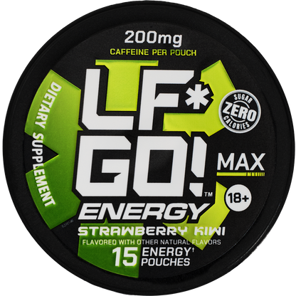 Image of a can containing 15 LFGO Strawberry Kiwi pre-workout caffeine pouches.