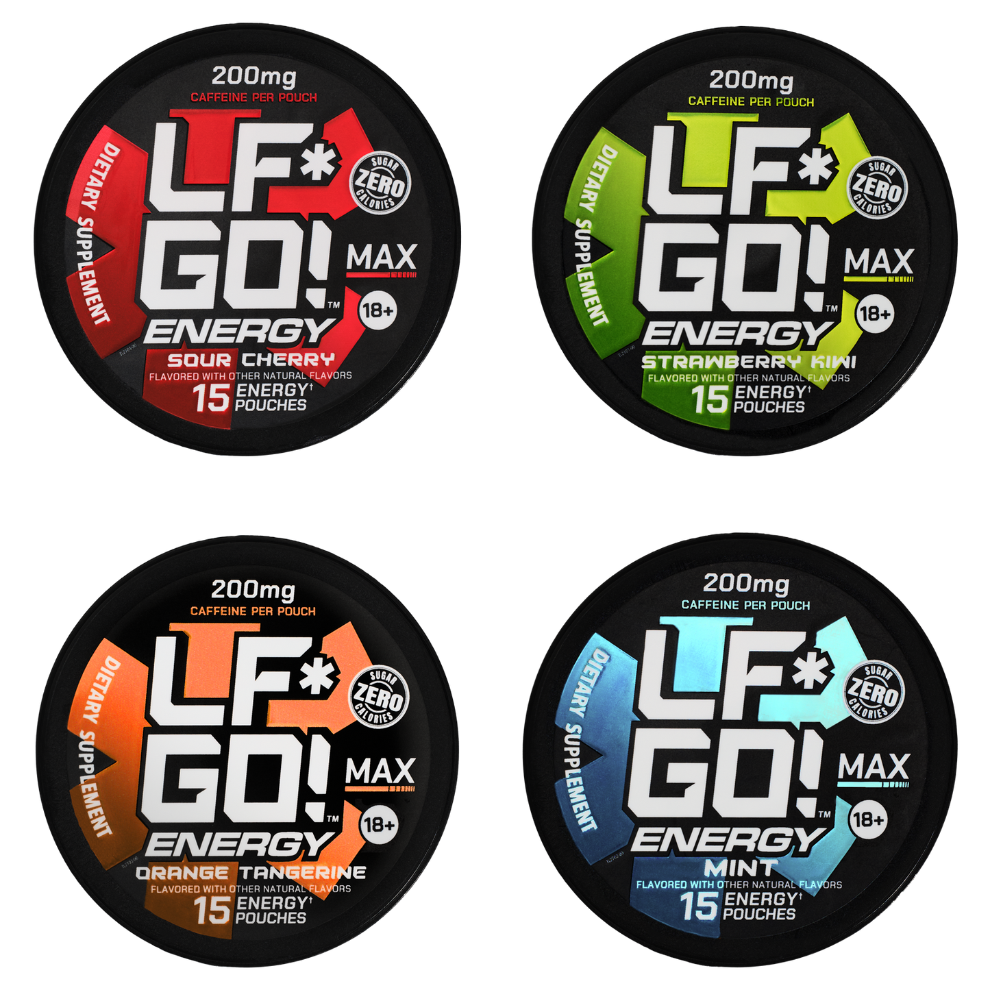 Collection of Sour Cherry, Strawberry Kiwi, Orange Tangerine, and Mint LFGO pre-workout caffeine pouch cans.