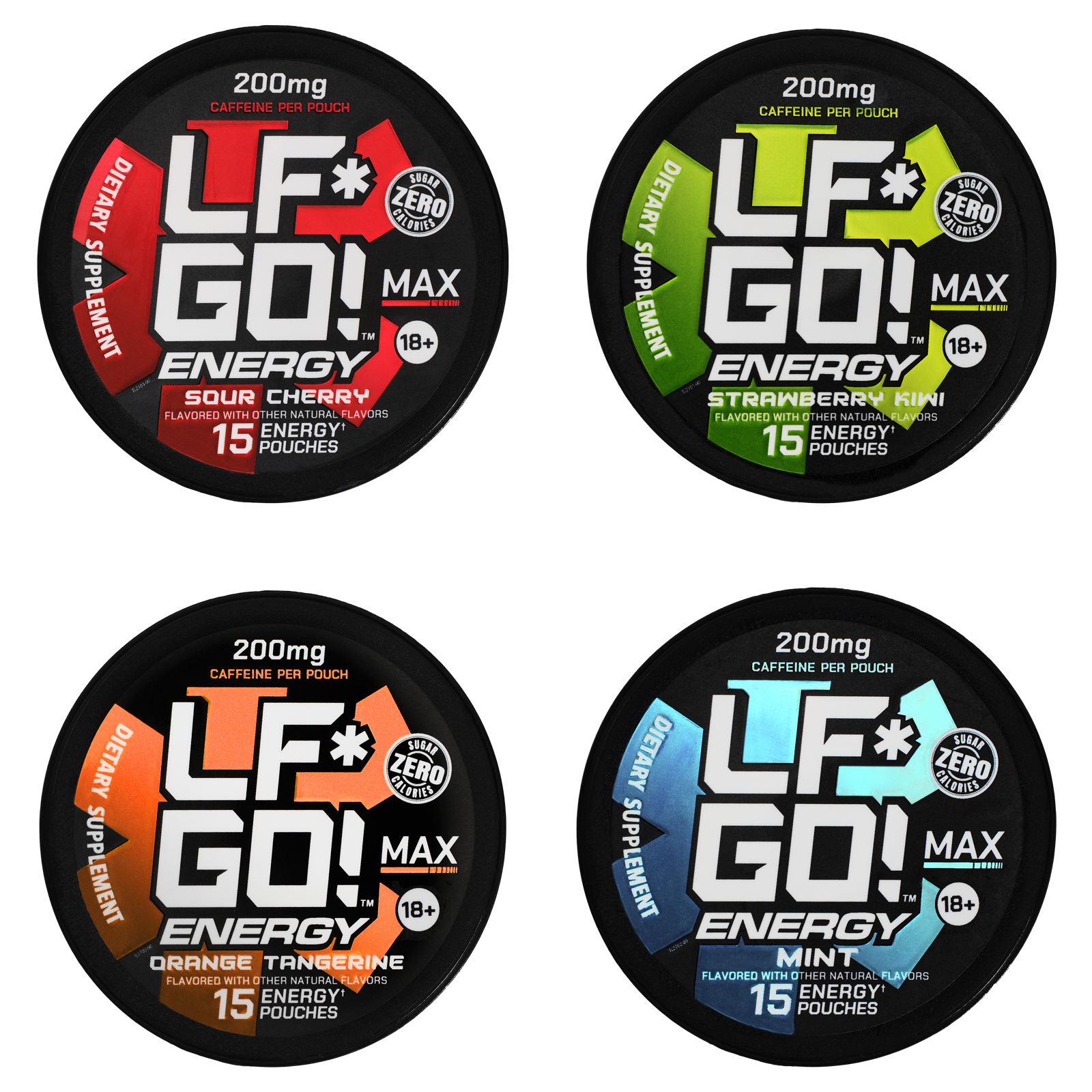 Collection of Sour Cherry, Strawberry Kiwi, Orange Tangerine, and Mint LFGO pre-workout caffeine pouch cans.