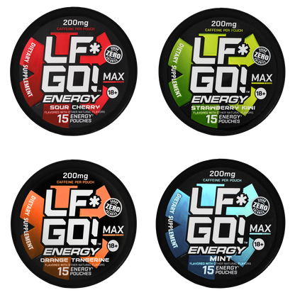 Collection of Sour Cherry, Strawberry Kiwi, Orange Tangerine, and Mint LFGO pre-workout caffeine pouch cans.